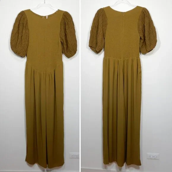 FREE PEOPLE Temperley Puff Sleeve JUMPSUIT Size S Ruched Wide Leg Olive NEW $228 - Picture 4 of 9